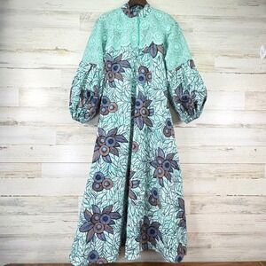 Jacket King African Wax Print Ankara Maxi Dress Teal‎ Floral Lace Balloon Slv XL